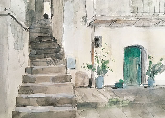 石段と白い家(イタリア)